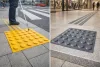 Taktilis útburkolati figyelmeztető elem vakok és gyengénlátók részére, sárga PVC-ből, 300x300x2,2 mm-es lap. M01 pont