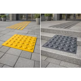 Taktilis útburkolati figyelmeztető elem vakok és gyengénlátók részére, sárga PVC-ből, 300x300x0,7 mm-es lap. M01 pont