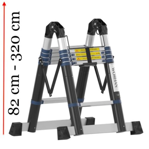 Teleszkópos, kétágú létra, ipari kivitel, aluminium rögzítő gyűrűvel, kinyitva 320 cm, összecsukva 82 cm magas. Multifunkciós, változtatható szárhosszú létra