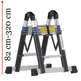   Teleszkópos, erősített, kétágú létra kinyitva 320 cm, összecsukva 82 cm magas. Multifunkciós, változtatható szárhosszú létra akár lépcsőre is!