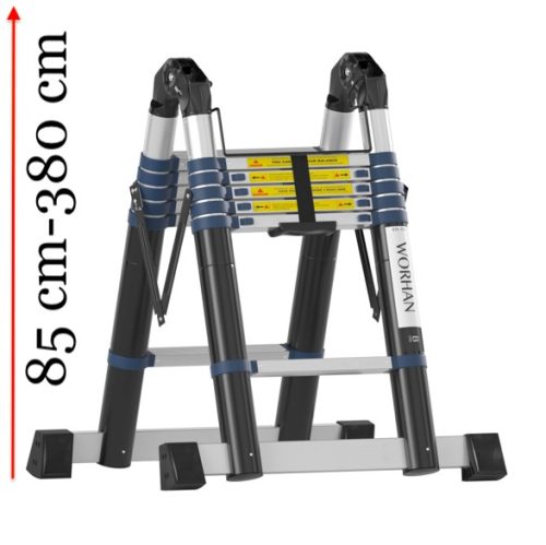 Teleszkópos, erősített, kétágú létra kinyitva 380 cm, összecsukva 85 cm magas. Multifunkciós