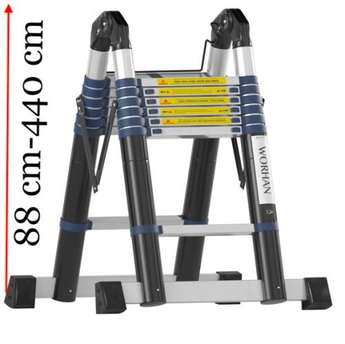 Teleszkópos, erősített, kétágú létra kinyitva 440 cm, összecsukva 88 cm magas. Multifunkciós, változtatható szárhosszú létra akár lépcsőre is!