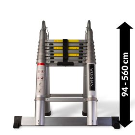   Teleszkópos, kétágú létra, aluminium rögzítőgyűrűkkel, kinyitva 560 cm, összecsukva 91 cm magas. Multifunkciós, változtatható szárhosszú létra