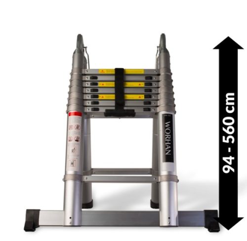 Teleszkópos, alumínium, kétágú létra kinyitva 560 cm, összecsukva 91 cm magas. Multifunkciós, változ
