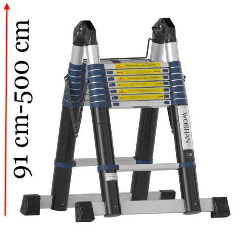 Teleszkópos, alumínium, kétágú létra kinyitva 500 cm, összecsukva 91 cm magas. 