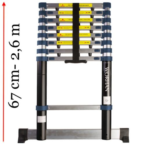 2,6 m magas, teleszkópos alumínium létra 67 cm-re összecsukható. Széles támasztólábbal és ujjbecsípődés védelemmel 