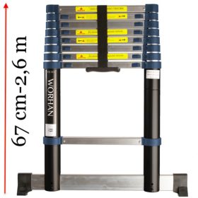  2,6 m magas, teleszkópos alumínium létra 67 cm-re összecsukható. Szélesített támasztólábbal ellátott kivitel