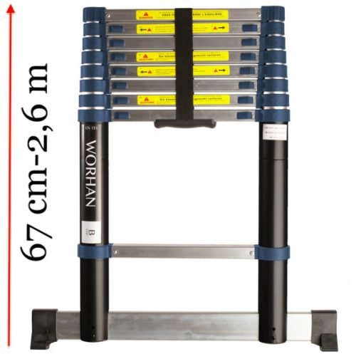 2,6 m magas, teleszkópos alumínium létra 67 cm-re összecsukható. Szélesített támasztólábbal ellátott kivitel