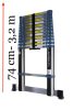 3,2 m magas, teleszkópos alumínium létra 74 cm-re összecsukható.  Szélesített támasztólábbal ellátott kivitel