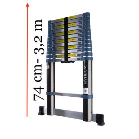   3,2 m magas, teleszkópos alumínium létra 74 cm-re összecsukható.  Szélesített támasztólábbal ellátott kivitel