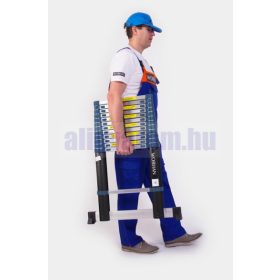   3,2 m magas, teleszkópos alumínium létra 74 cm-re összecsukható.  Szélesített támasztólábbal ellátott kivitel