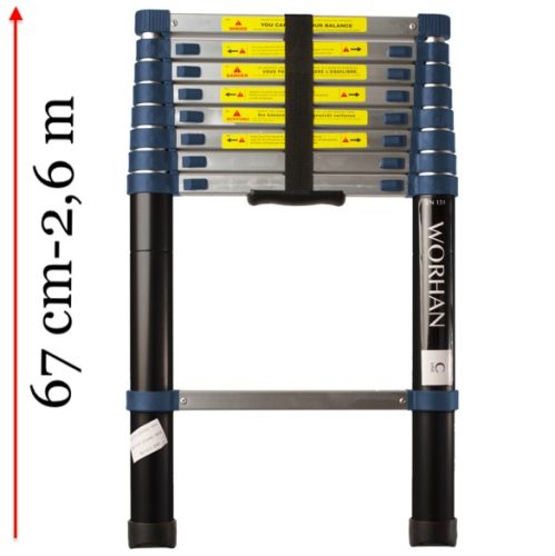 2,6 m magas, teleszkópos alumínium létra 67 cm-re összecsukható. Biztonsági gumitalppal ellátva.
