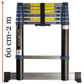   2 m magas, teleszkópos alumínium létra 60 cm-re összecsukható. Szélesített támasztólábbal ellátott kivitel