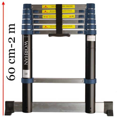 2 m magas, teleszkópos alumínium létra 60 cm-re összecsukható. Szélesített támasztólábbal ellátott kivitel