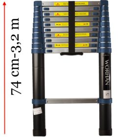   3,2 m magas, teleszkópos alumínium létra 74 cm-re összecsukható. Gumírozott talppal ellátva.