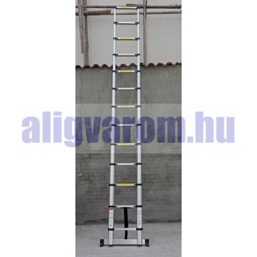 3,8 m magas, kihúzható létra teleszkópos alumínium 94 cm-re összecsukható. Gumírozott talppal ellátva.