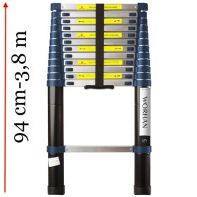   3,8 m magas, kihúzható létra teleszkópos alumínium 94 cm-re összecsukható. Gumírozott talppal ellátva.