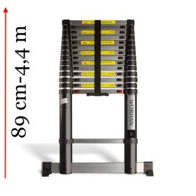   4,4 m magas, teleszkópos alumínium létra 89 cm-re összecsukható. Szélesített támasztólábbal ellátott és levegős csillapítású újbecsípődés elleni védelemmel