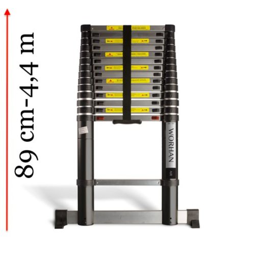 4,4 m magas, teleszkópos alumínium létra 89 cm-re összecsukható. Szélesített támasztólábbal ellátott és levegős csillapítású újbecsípődés elleni védelemmel