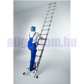   4,4 m magas, teleszkópos alumínium létra 89 cm-re összecsukható. Szélesített támasztólábbal ellátott és levegős csillapítású újbecsípődés elleni védelemmel