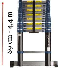   4,4 m magas, profi teleszkópos alumínium létra alumínium fokokkal, 89 cm-re összecsukható, széles támasztólábbal