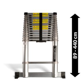  4,4 m magas, profi teleszkópos alumínium létra alumínium fokokkal, 89 cm-re összecsukható. Ipari kivitel, széles támasztólábbal és ujjbecsípődés elleni védelemmel!