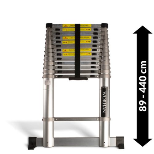 4,4 m magas, profi teleszkópos alumínium létra alumínium fokokkal, 89 cm-re összecsukható. Ipari kivitel, széles támasztólábbal és ujjbecsípődés elleni védelemmel!