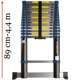   4,4 m magas, teleszkópos alumínium létra alumínium fokokkal, 89 cm-re összecsukható. Széles támasztólábbal