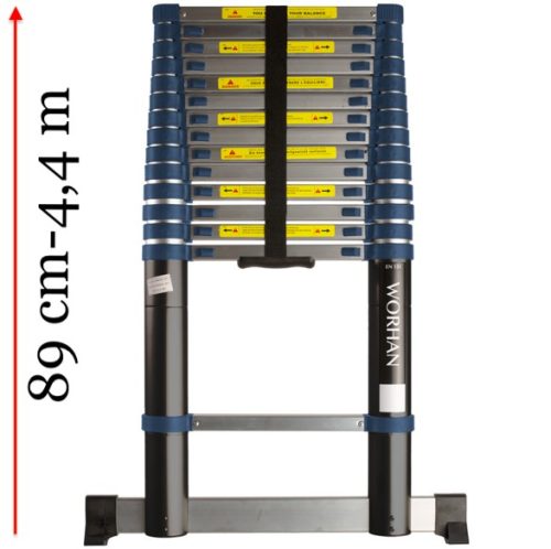 4,4 m magas, teleszkópos alumínium létra alumínium fokokkal, 89 cm-re összecsukható. Széles támasztólábbal