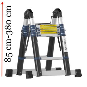   Teleszkópos, kétágú létra kinyitva 380 cm, összecsukva 85 cm magas. Multifunkciós, változtatható szárhosszú létra
