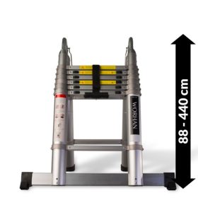   Teleszkópos, kétágú létra, aluminium rögzítőgyűrűkkel, kinyitva 440 cm, összecsukva 88 cm magas. Multifunkciós, változtatható szárhosszú létra