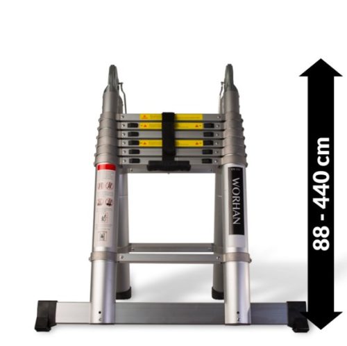 Teleszkópos, kétágú létra, aluminium rögzítőgyűrűkkel, kinyitva 440 cm, összecsukva 88 cm magas. Multifunkciós, változtatható szárhosszú létra