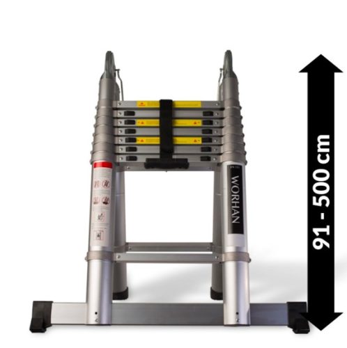 Teleszkópos, kétágú létra, aluminium rögzítőgyűrűkkel, kinyitva 500 cm, összecsukva 91 cm magas. Multifunkciós, változtatható szárhosszú létra