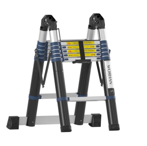 Teleszkópos, alumínium, kétágú létra kinyitva 380 cm, összecsukva 85 cm magas. Multifunkciós, változtatható szárhosszú létra