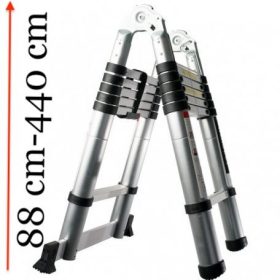   Toms teleszkópos, alumínium, kétágú létra kinyitva 440 cm, összecsukva 88 cm magas. Multifunkciós létra