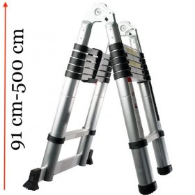   Toms teleszkópos, alumínium, kétágú létra kinyitva 500 cm, összecsukva 91 cm magas. Multifunkciós létra