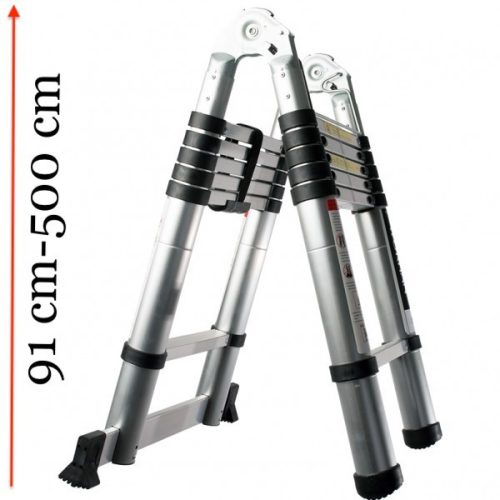 Toms teleszkópos, alumínium, kétágú létra kinyitva 500 cm, összecsukva 91 cm magas. Multifunkciós létra