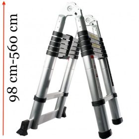   Toms teleszkópos, alumínium, kétágú létra kinyitva 560 cm, összecsukva 98 cm magas. Multifunkciós létra
