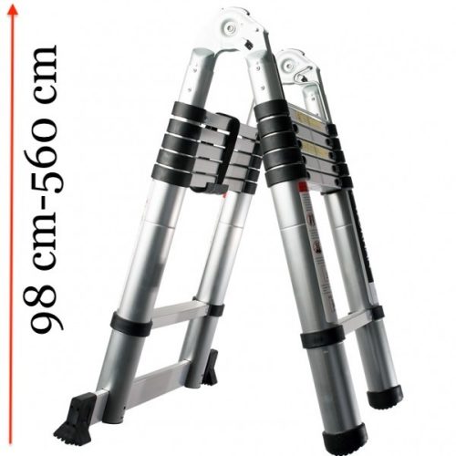 Teleszkópos, alumínium, kétágú létra kinyitva 560 cm, összecsukva 91 cm magas. Multifunkciós, változ