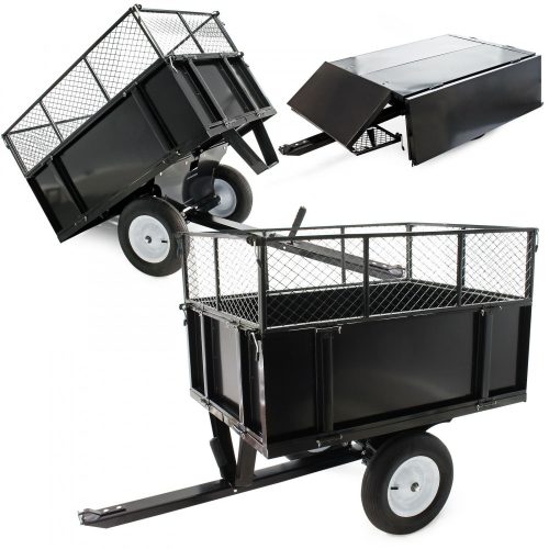 Kistraktor munkagép utánfutó rácsos áruszállító billenő pótkocsi ráccsal és levehető oldalfalakkal