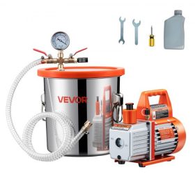   11,36 literes vákuumkamra szivattyúval, 99 l/perc, rozsdamentes acél, gáztalanító kamrakészlet, egyfokozatú, edzett üveg fedél, 1,5 m tömlő, fa gáztalanító szilikongyanta stabilizálására