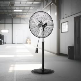   Ipari állóventilátor 670 mm lapátátmérővel – 6800 CFM légszállítás, 3 sebességfokozat, 85°-os oszcilláció, 131–193 cm között állítható magasság, robusztus szénacél kivitel