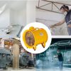 Ipari építkezési ventilátor 4240 CFM légszállítással – 1100 W AC motor, 2850 ford./perc, IP44 védettség, 5 m kábellel, 79 dB zajszint, robusztus acélházas kivitel