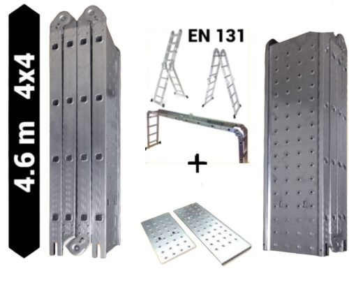 Trepnis multifunkciós csuklós létra pallóval 4,6 méter magas, platfrommal, 4 részes összehajtható, összecsukható, 4x4 létrafok