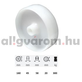   WPPN 1603 1000, (poliamid) műanyag futófelület, 160 mm  átmérő, 300 kg teherbírás, persely csapágyazás