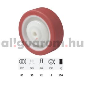   WPPU 0802 5080, Poluretán futófelület, 80 mm átmérő, 150 kg teherbírás, golyós csapágyazás