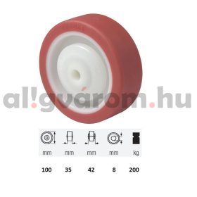   WPPU 1002 5080, Poluretán futófelület, 100 mm átmérő, 200 kg teherbírás, golyós csapágyazás