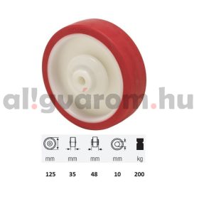   WPPU 1252 5080, Poluretán futófelület, 125 mm átmérő, 200 kg teherbírás, golyós csapágyazás