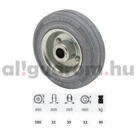   WPSG 1002 2000, szürke (nyommentes) gumi futófelület, 100 mm átmérő, 90 kg teherbírás, tűgörgős csapágyazás