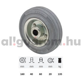   WPSG 1603 2000, szürke (nyommentes) gumi futófelület, 160 mm átmérő, 135 kg teherbírás, tűgörgős csapágyazás